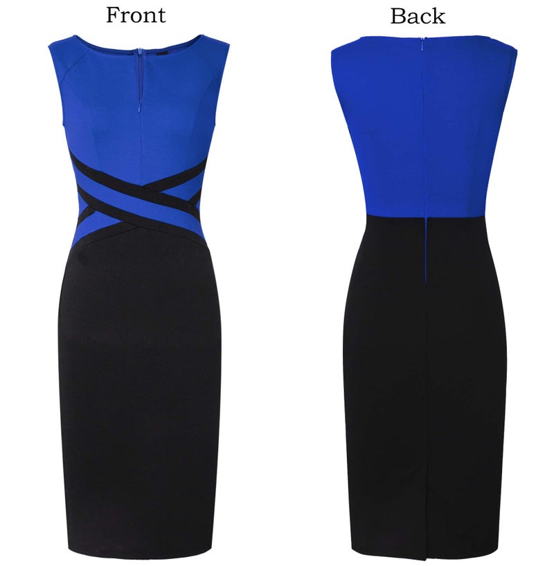 VFSHOW Womens Royal Blue and Black Colorblock Patchwork Slim Zipper Up Wear to Work Business Office Cocktail Party Professional Pencil Sheath Dress 6192 BLU M - Image 3